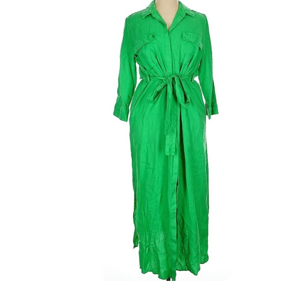 L’AGENCE NWT Cameron Long Shirt Dress In Pop Green linen XL new - Picture 3 of 5